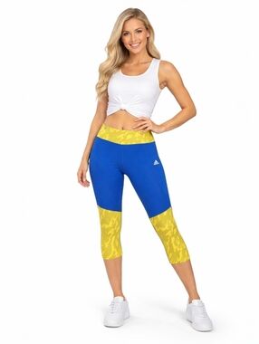 Adidas Climalite Techfit Cropped Leggings Blue Yellow Colorblock XL